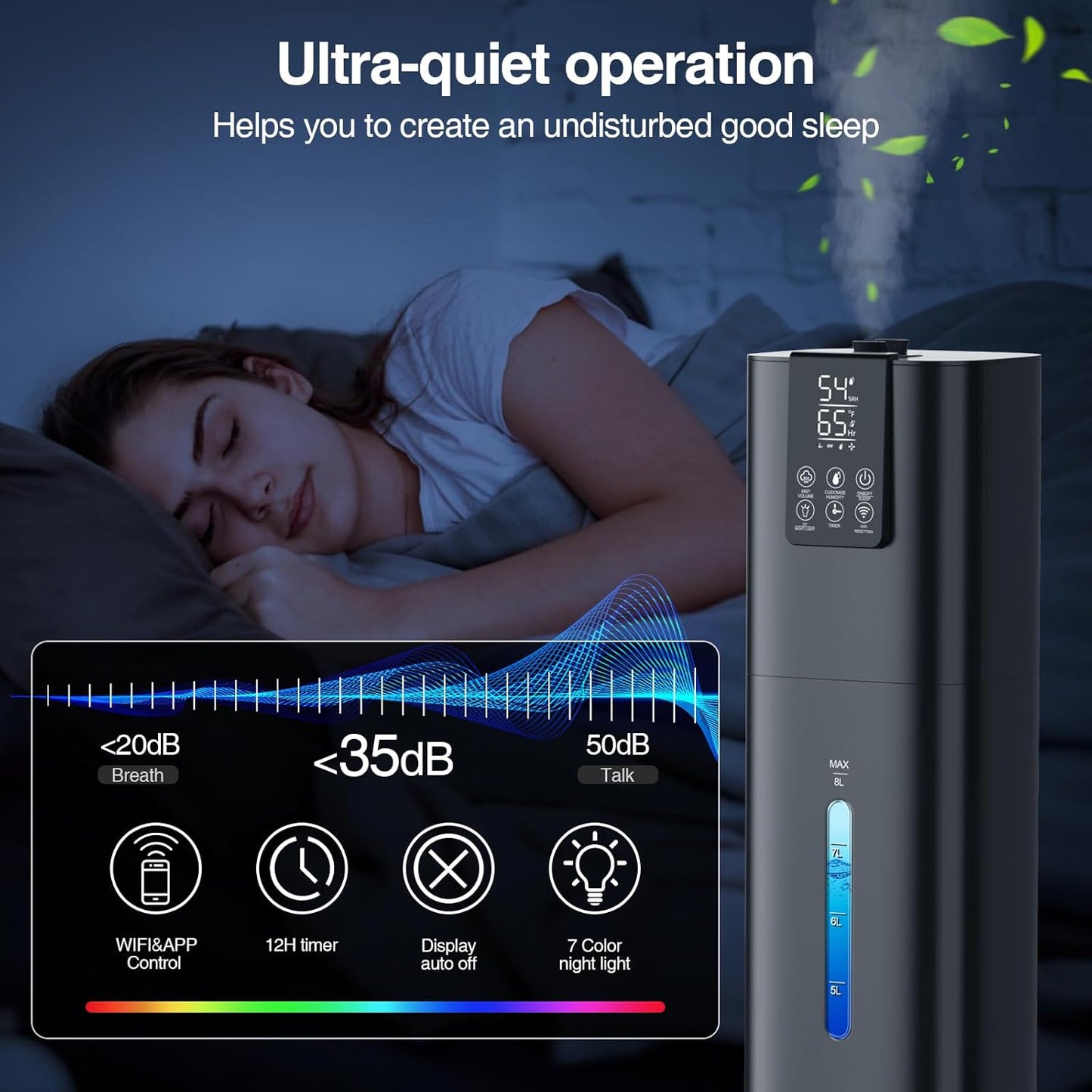 Honovos Smart Humidifiers Large Room Bedroom Home, 2.11Gal(8L) Quiet Top Fill Cool Mist Humidifier, Smart App & Remote Control, 3 Speed Humidifier with 360° Nozzle, Humidity Setting for Baby Office