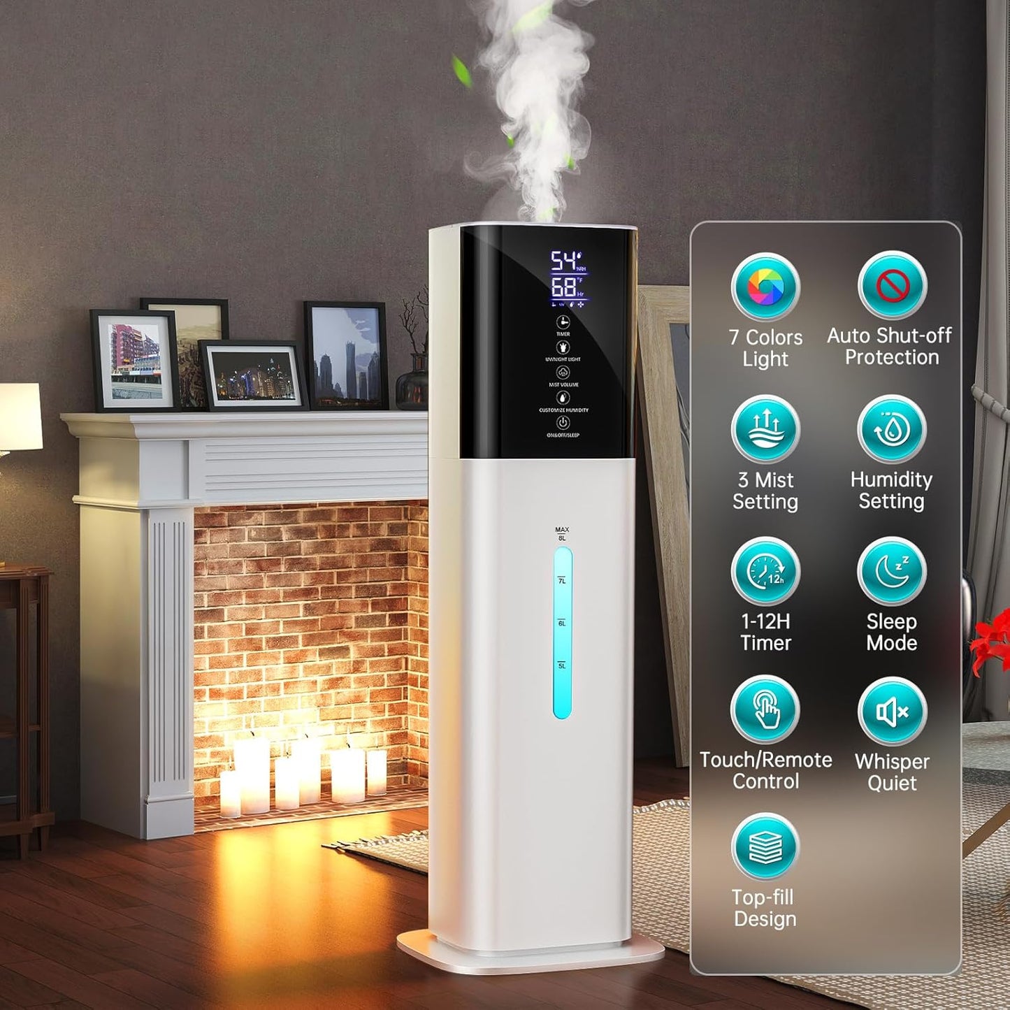 Humidifiers Large Room Bedroom with 7 Colors Light,Honovos 8L 2.1Gal Quiet Ultrasonic Cool Mist Topfill Humidifier with 360° Nozzle 3 Speed Humidistat Essential Oil Tray for Baby Home Plant Yoga Sleep