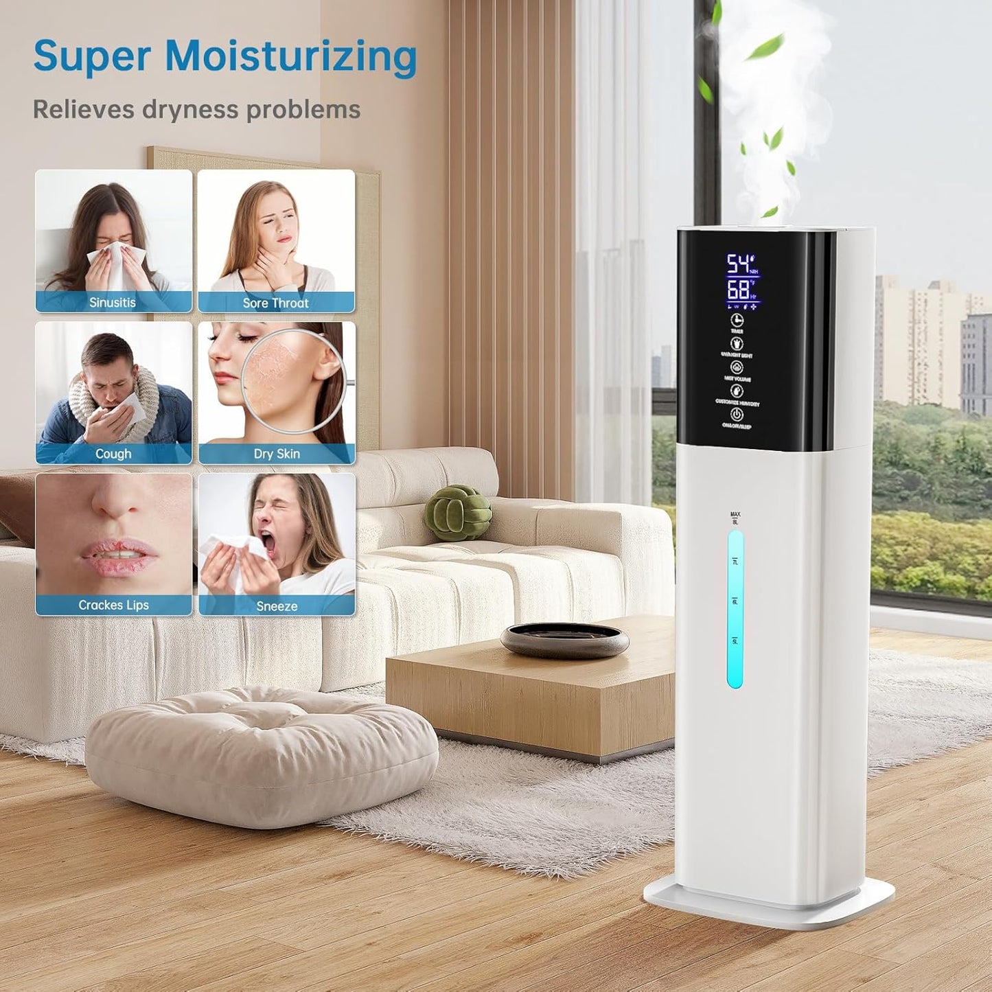 Humidifiers Large Room Bedroom with 7 Colors Light,Honovos 8L 2.1Gal Quiet Ultrasonic Cool Mist Topfill Humidifier with 360° Nozzle 3 Speed Humidistat Essential Oil Tray for Baby Home Plant Yoga Sleep