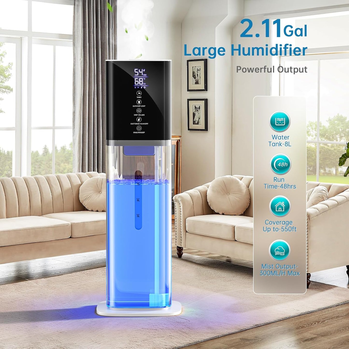 Humidifiers Large Room Bedroom with 7 Colors Light,Honovos 8L 2.1Gal Quiet Ultrasonic Cool Mist Topfill Humidifier with 360° Nozzle 3 Speed Humidistat Essential Oil Tray for Baby Home Plant Yoga Sleep